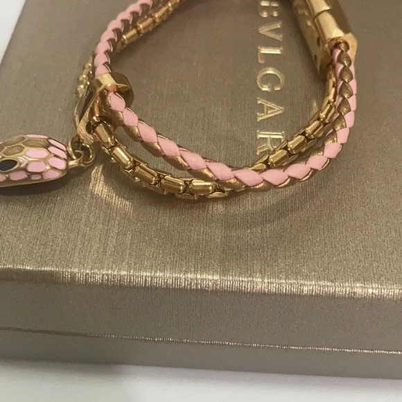 Bvlgari Snake Head Charm Metal Calfskin Bracelet Size 14.5cm - Picture 5 of 11